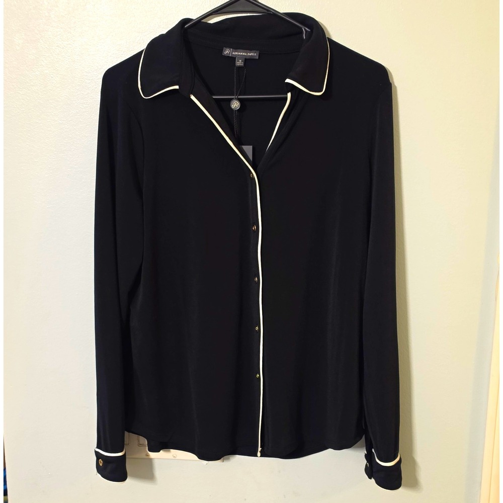 Adrianna Papell Black Solid Collared Button-Up Long Sleeve Blouse Size M #168